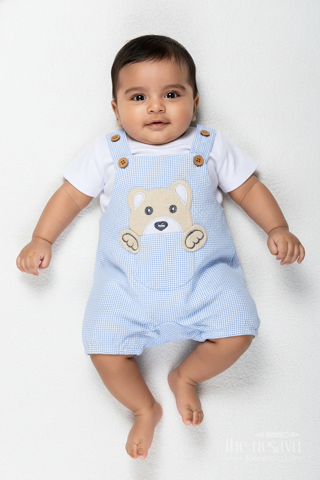 Boys Cotton Blue Dress Set with Bear Patch and Striped Overalls for a Cozy and Playful Everyday Look