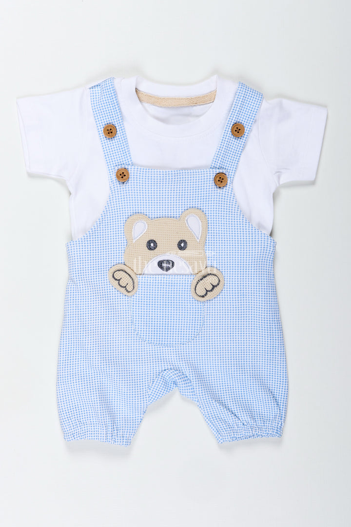 Boys Cotton Blue Dress Set with Bear Patch and Striped Overalls for a Cozy and Playful Everyday Look