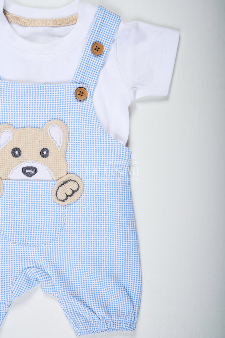 Boys Cotton Blue Dress Set with Bear Patch and Striped Overalls for a Cozy and Playful Everyday Look