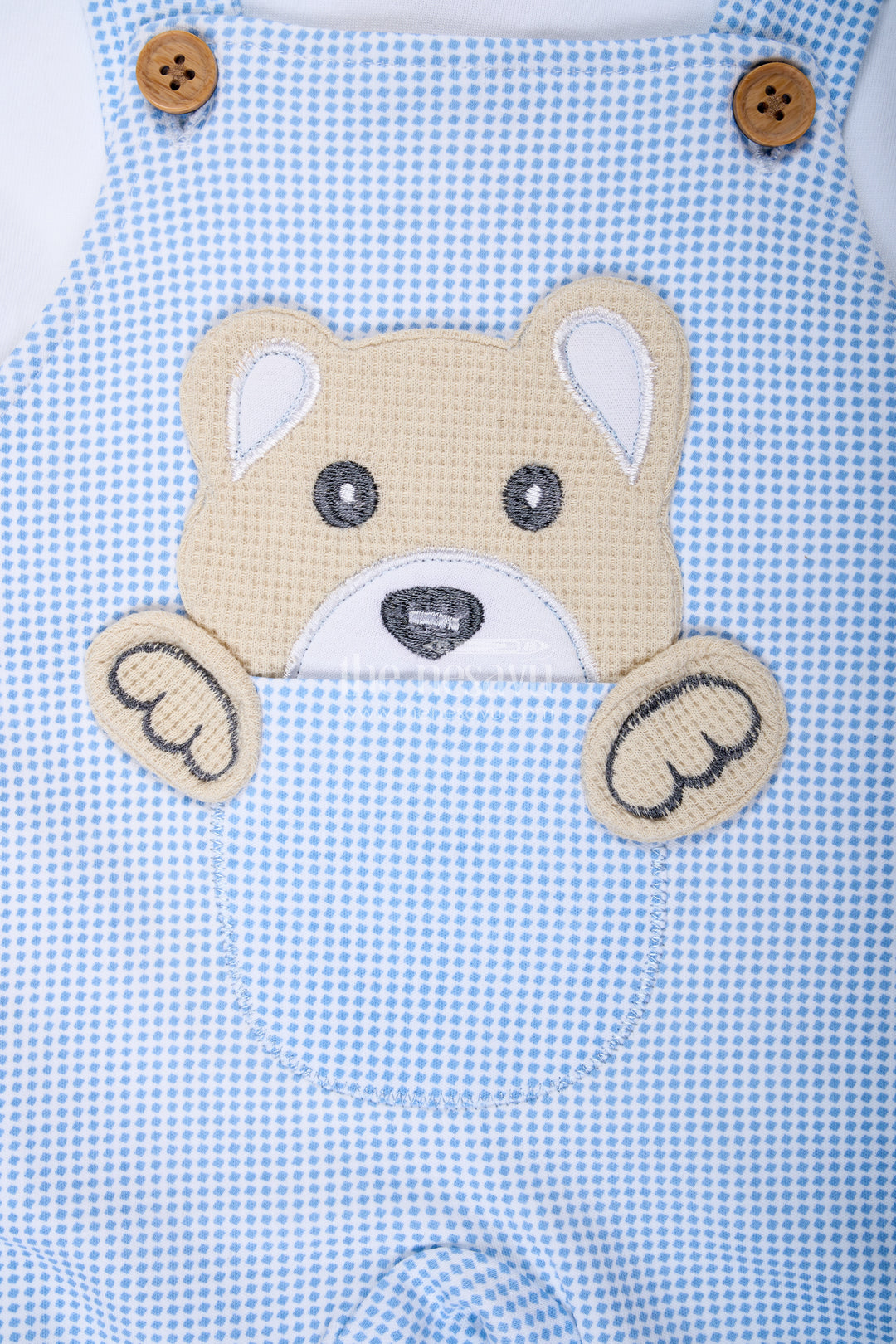 Boys Cotton Blue Dress Set with Bear Patch and Striped Overalls for a Cozy and Playful Everyday Look