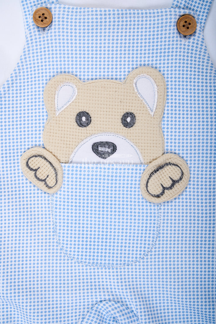 Boys Cotton Blue Dress Set with Bear Patch and Striped Overalls for a Cozy and Playful Everyday Look