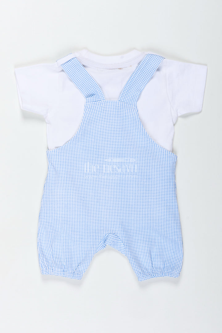 Boys Cotton Blue Dress Set with Bear Patch and Striped Overalls for a Cozy and Playful Everyday Look