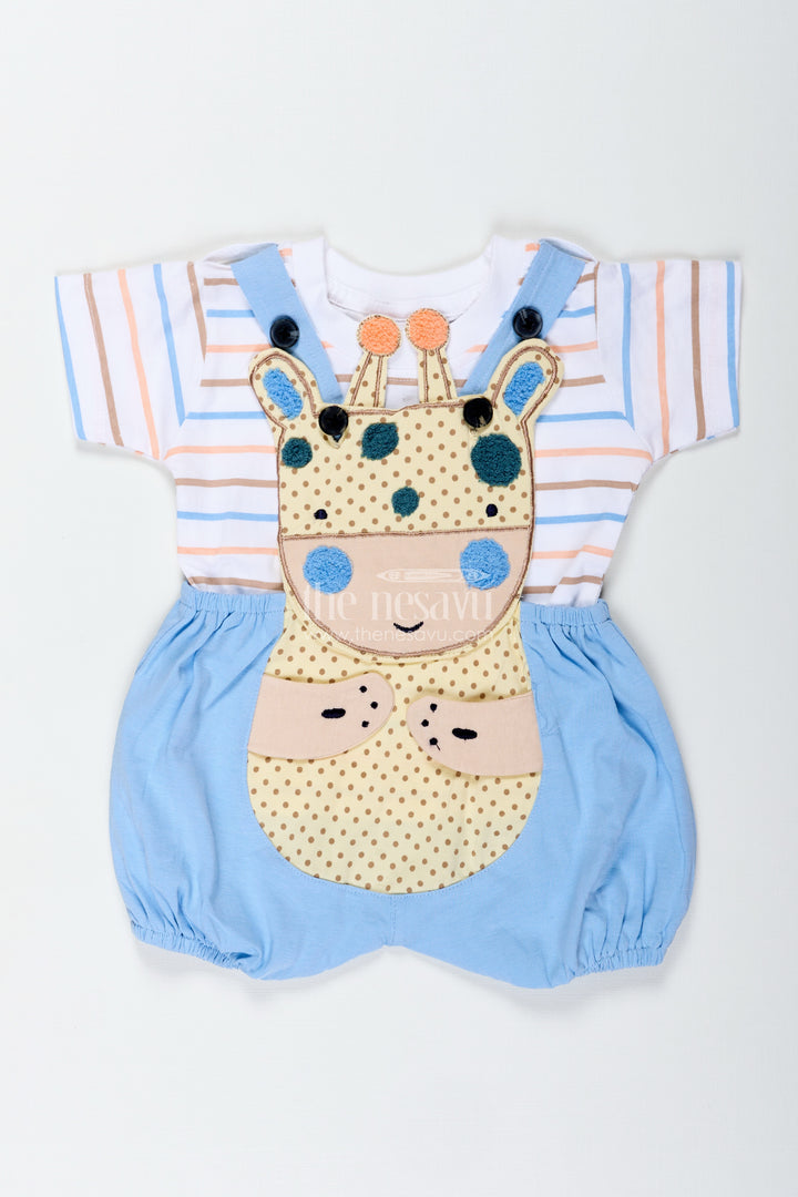 Boys Blue Shorts and Shirt Set with Giraffe Embellishment and Striped Tee for Everyday Fun