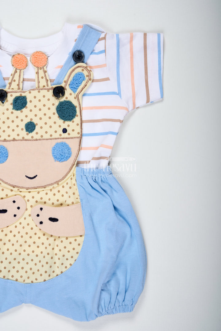 Boys Blue Shorts and Shirt Set with Giraffe Embellishment and Striped Tee for Everyday Fun