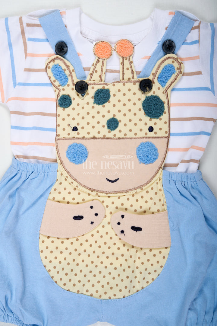 Boys Blue Shorts and Shirt Set with Giraffe Embellishment and Striped Tee for Everyday Fun