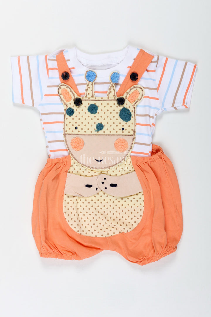 Boys Orange Shirt and Short Set with Giraffe Patch and Striped Tee for Bright and Breezy Casual Wear