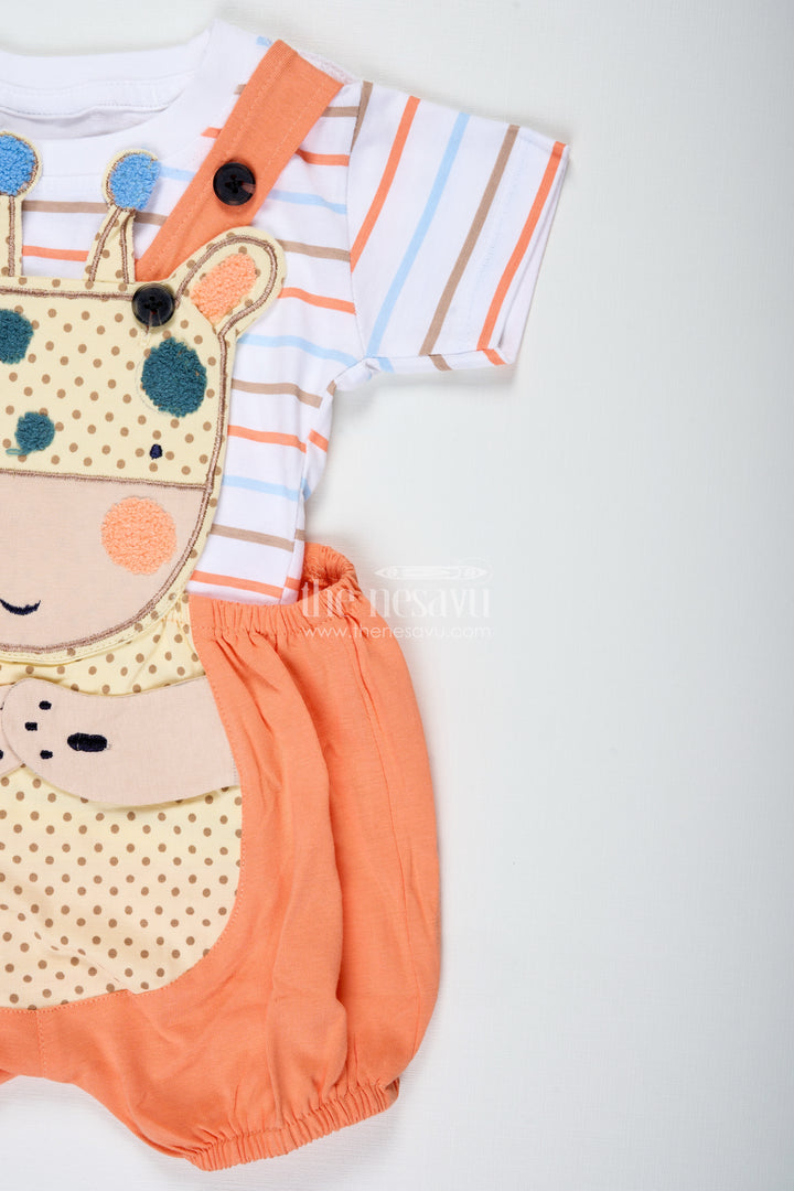 Boys Orange Shirt and Short Set with Giraffe Patch and Striped Tee for Bright and Breezy Casual Wear
