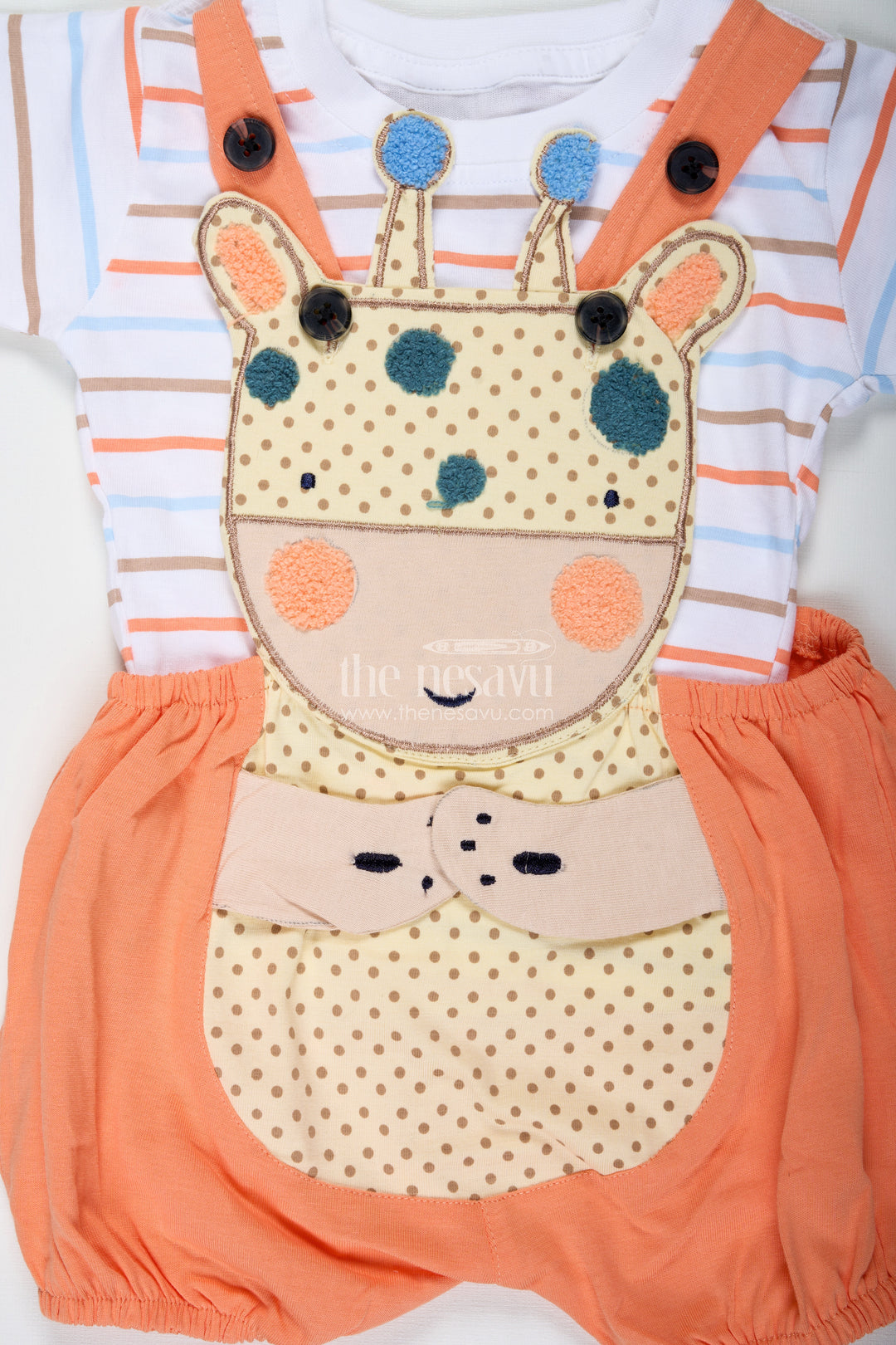 Boys Orange Shirt and Short Set with Giraffe Patch and Striped Tee for Bright and Breezy Casual Wear