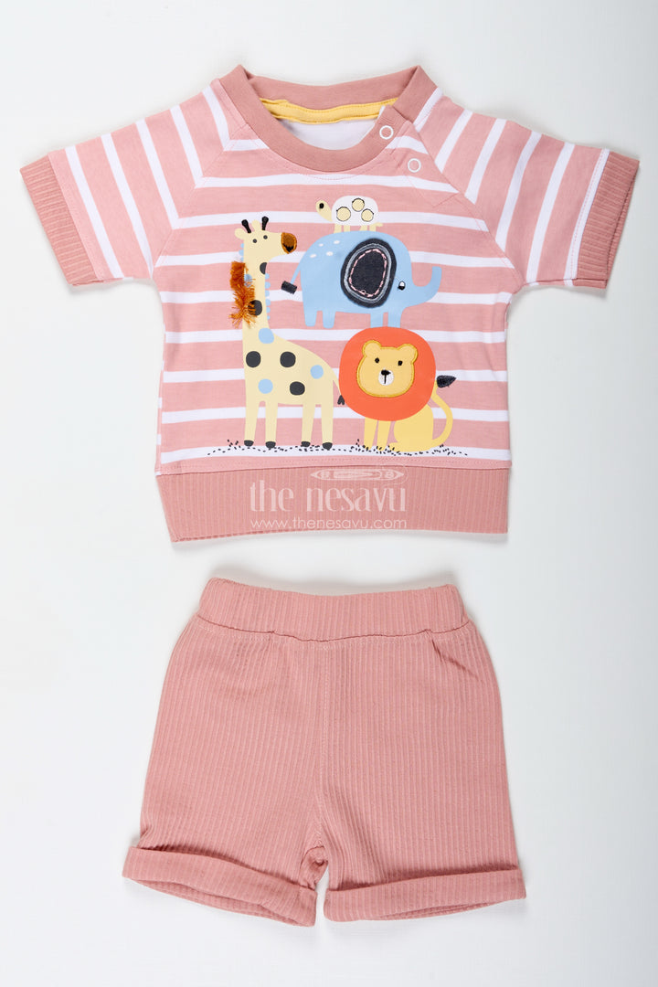 Boys Cotton Peach Casual Dress with Striped Tee and Animal Digital Print for Playful Comfort