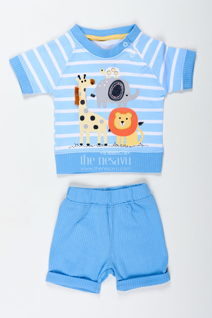 Boys White Stripes Dress Set in Cotton with Animal Digital Print and Blue Shorts for Everyday Adventures