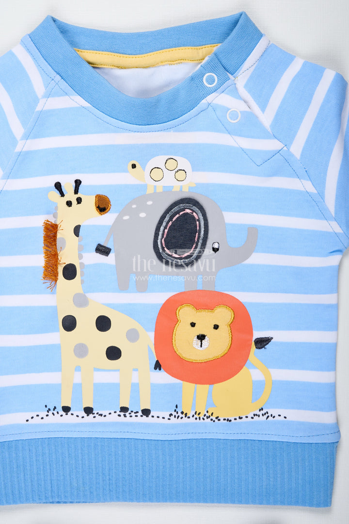 Boys White Stripes Dress Set in Cotton with Animal Digital Print and Blue Shorts for Everyday Adventures