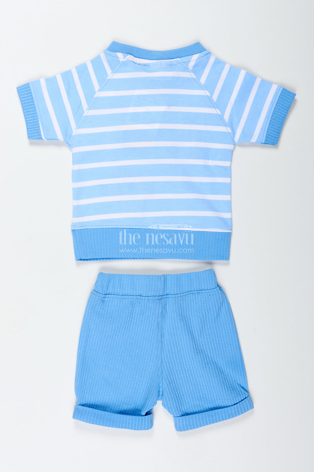 Boys White Stripes Dress Set in Cotton with Animal Digital Print and Blue Shorts for Everyday Adventures