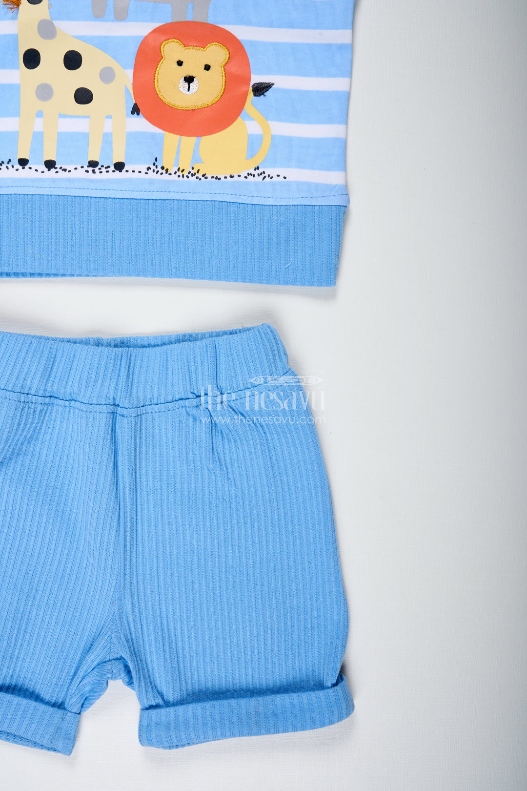 Boys White Stripes Dress Set in Cotton with Animal Digital Print and Blue Shorts for Everyday Adventures