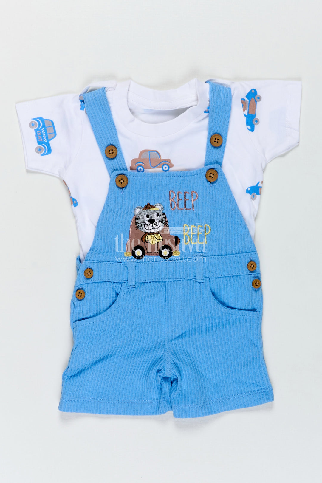 Boys Race Car Design Romper Set in Corduroy with Blue Overalls and Embellished Car Patch for Little Racers