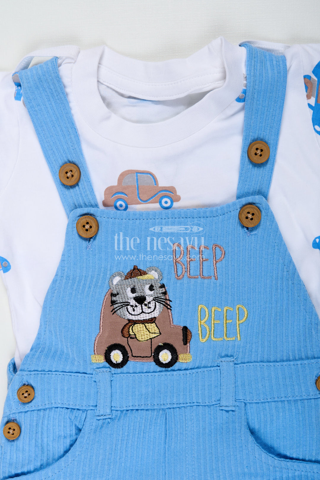 Boys Race Car Design Romper Set in Corduroy with Blue Overalls and Embellished Car Patch for Little Racers