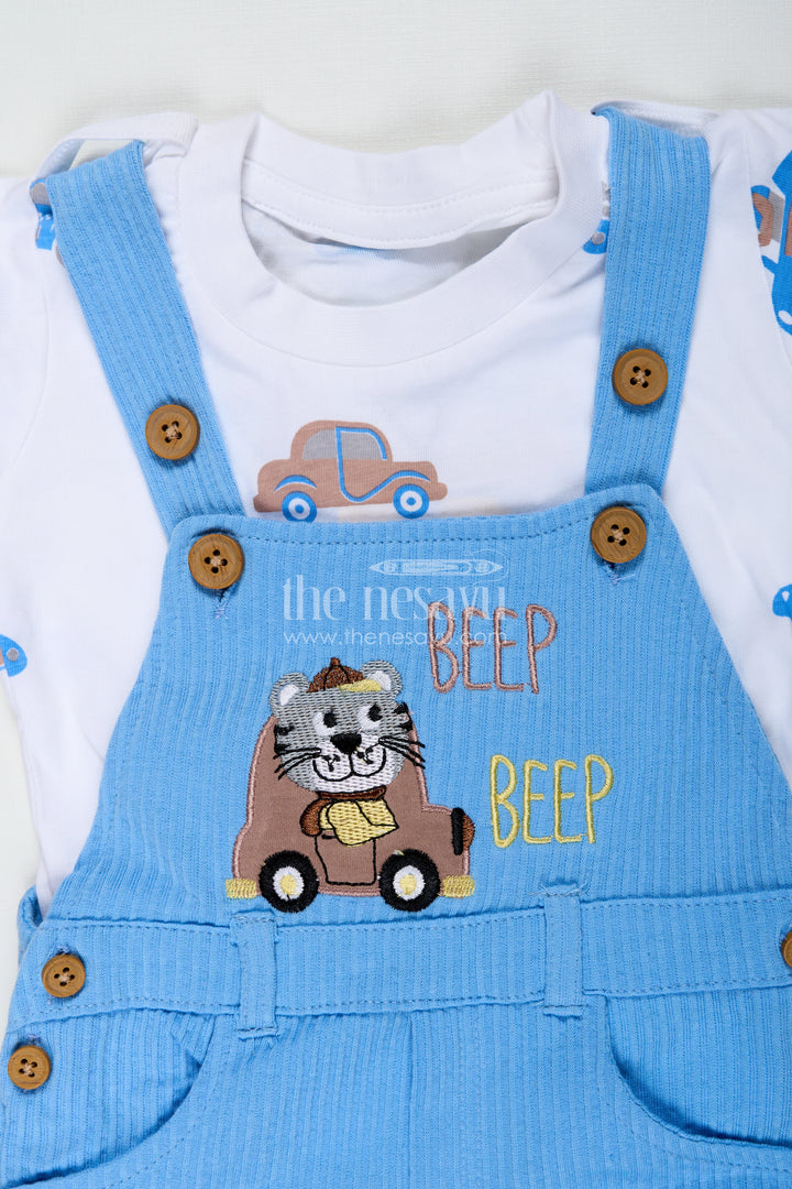 Boys Race Car Design Romper Set in Corduroy with Blue Overalls and Embellished Car Patch for Little Racers