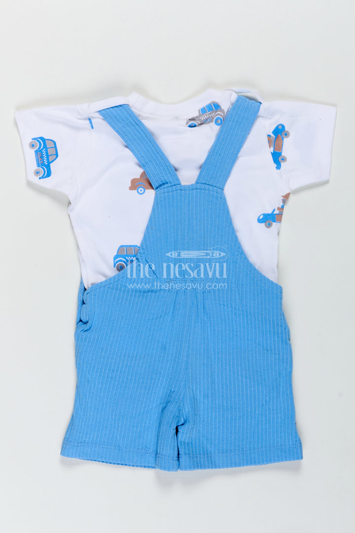 Boys Race Car Design Romper Set in Corduroy with Blue Overalls and Embellished Car Patch for Little Racers