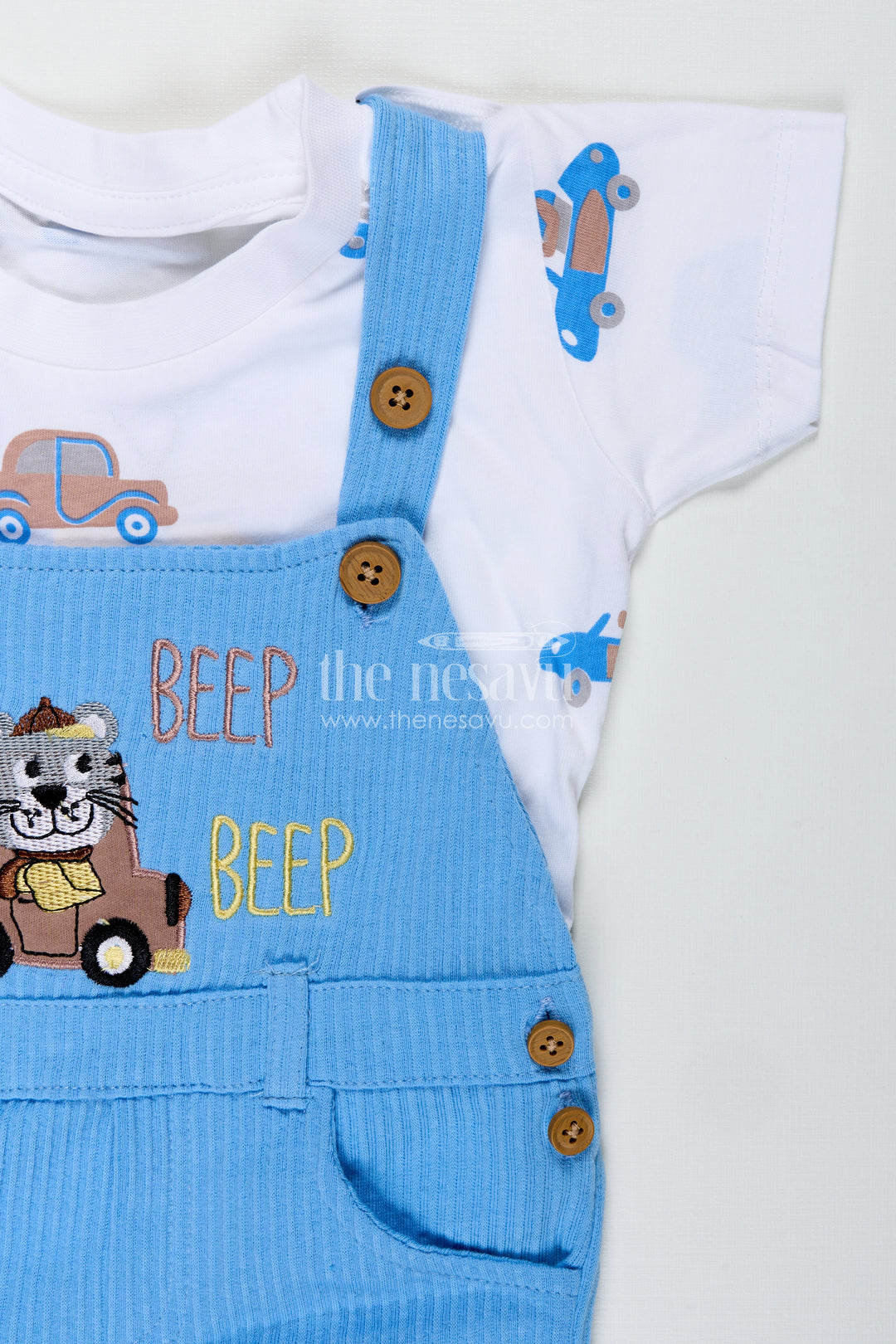 Boys Race Car Design Romper Set in Corduroy with Blue Overalls and Embellished Car Patch for Little Racers