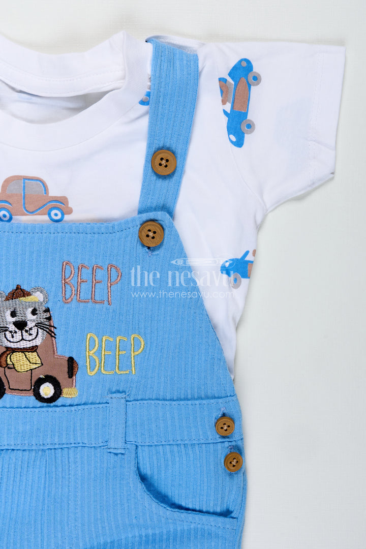 Boys Race Car Design Romper Set in Corduroy with Blue Overalls and Embellished Car Patch for Little Racers