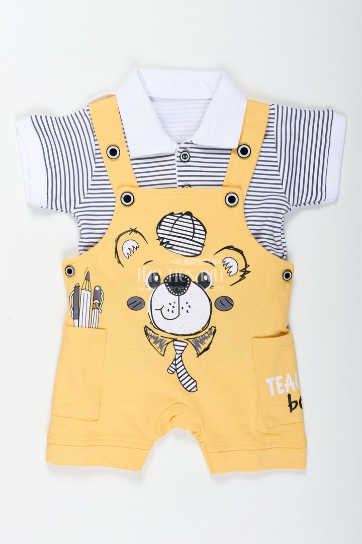 Yellow Casual Dress Outfit for Boys with Cotton Animal Digital Print and Playful Dungaree Style