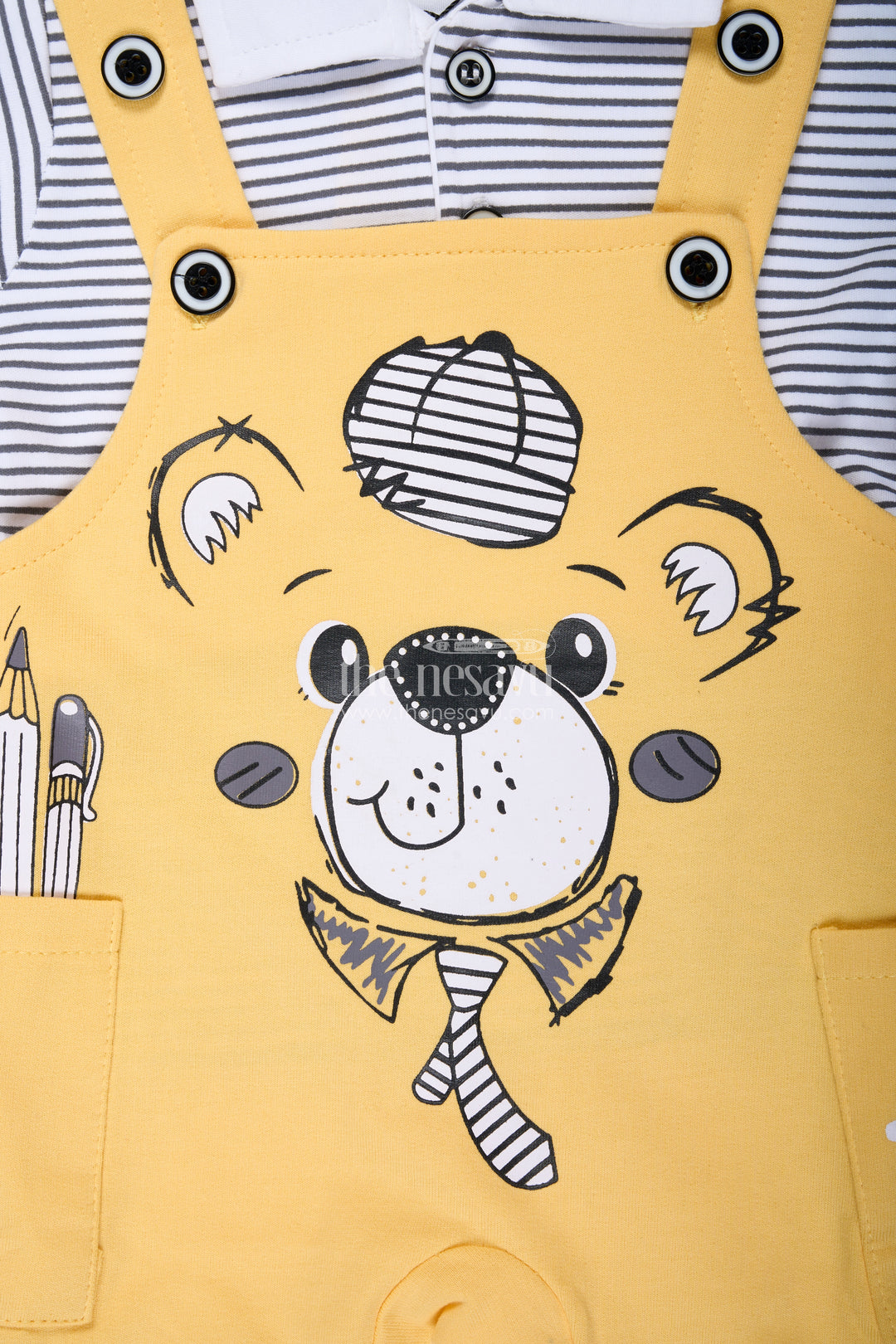 Yellow Casual Dress Outfit for Boys with Cotton Animal Digital Print and Playful Dungaree Style