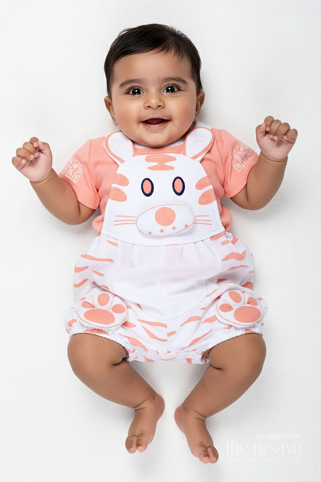 Peach Casual Outfit for Boys in Soft Cotton with Animal Digital Print and Bunny Dungaree Style