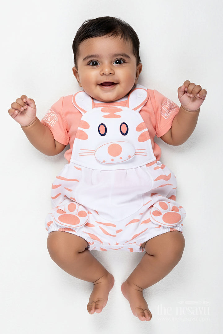 Peach Casual Outfit for Boys in Soft Cotton with Animal Digital Print and Bunny Dungaree Style