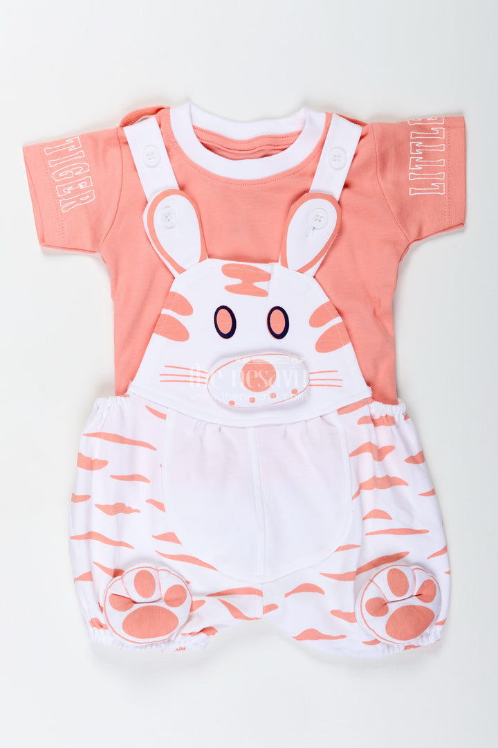 Peach Casual Outfit for Boys in Soft Cotton with Animal Digital Print and Bunny Dungaree Style