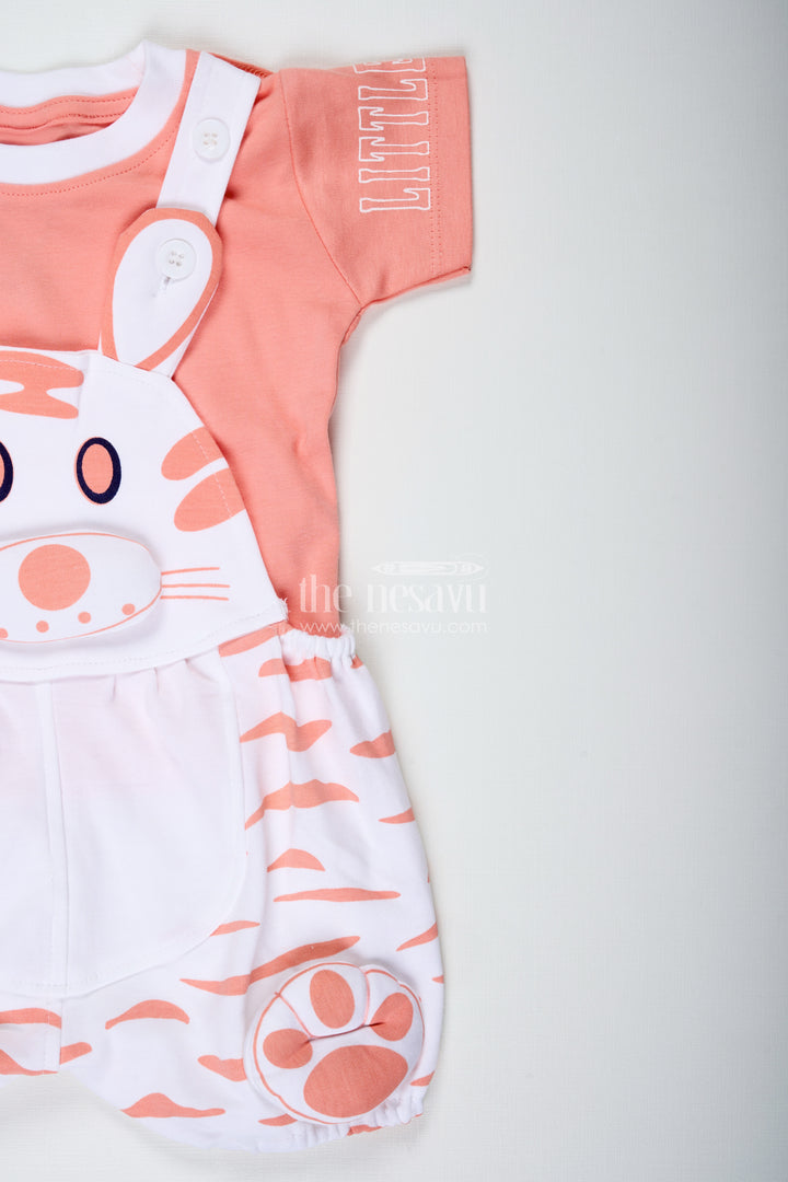 Peach Casual Outfit for Boys in Soft Cotton with Animal Digital Print and Bunny Dungaree Style