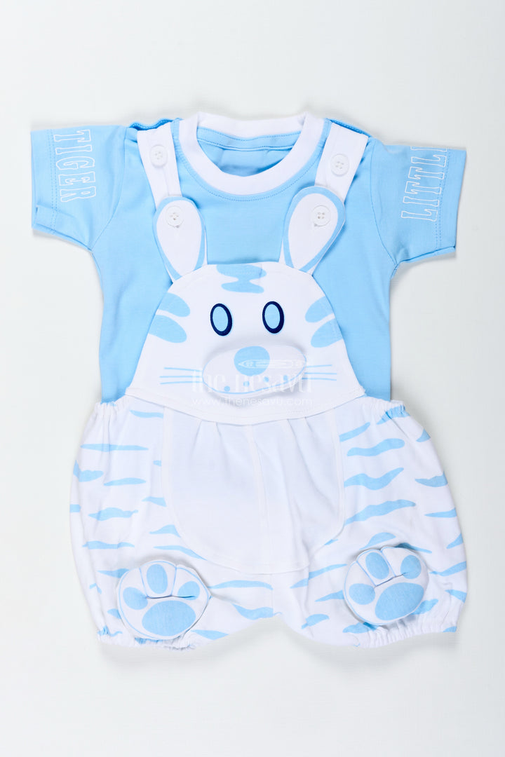 New Born Bunny Outfit for Boys in Cotton with Animal Digital Print and Light Blue Dungaree Set