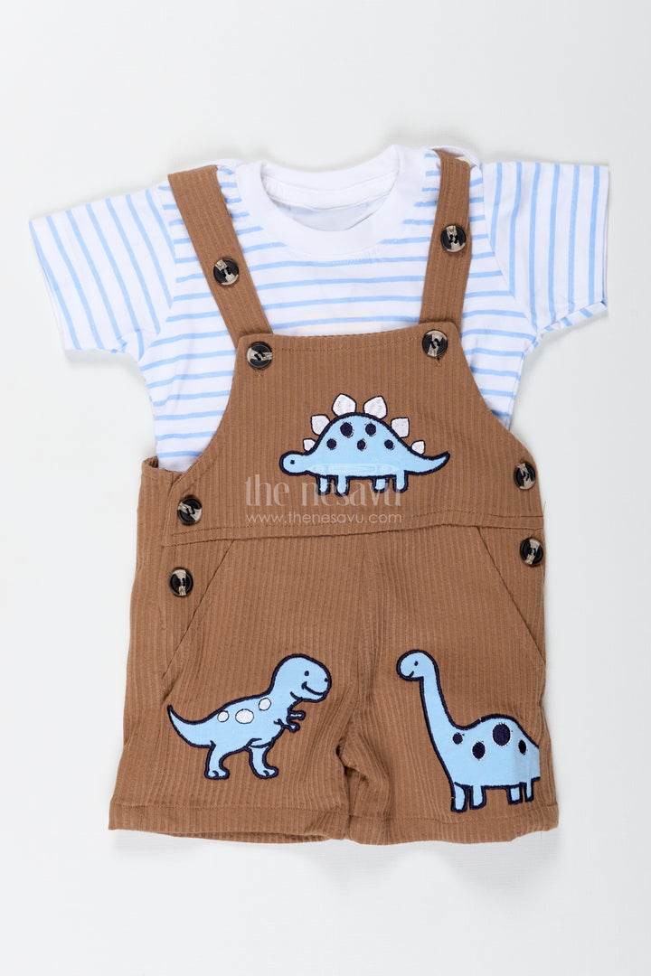 Brown Casual Outfit for Boys in Corduroy Cotton with Embellished Dinosaur Patches and Tee Set