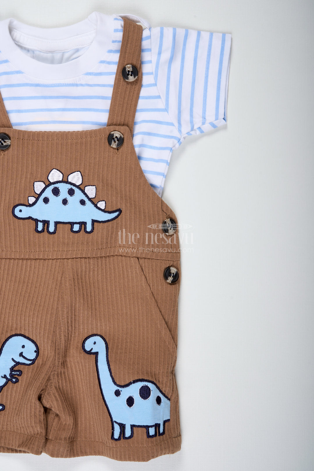 Brown Casual Outfit for Boys in Corduroy Cotton with Embellished Dinosaur Patches and Tee Set