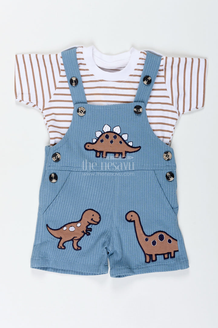 Newborn Dinosaur Set Outfit for Boys in Blue Corduroy Cotton with Dino Embellished Dungaree