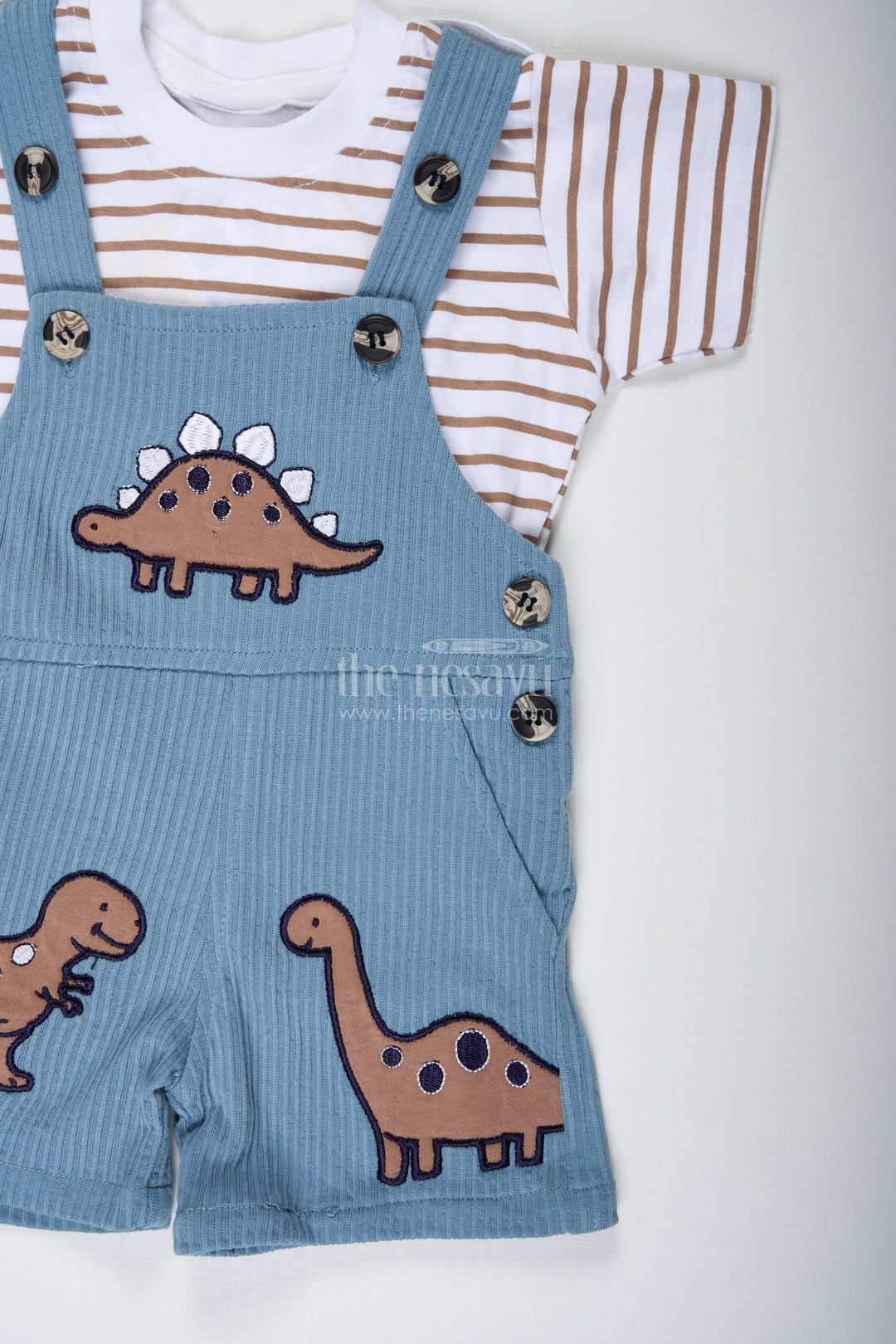 Newborn Dinosaur Set Outfit for Boys in Blue Corduroy Cotton with Dino Embellished Dungaree
