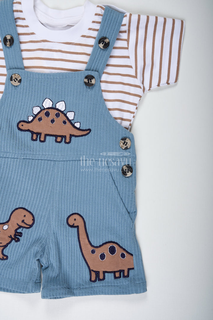 Newborn Dinosaur Set Outfit for Boys in Blue Corduroy Cotton with Dino Embellished Dungaree