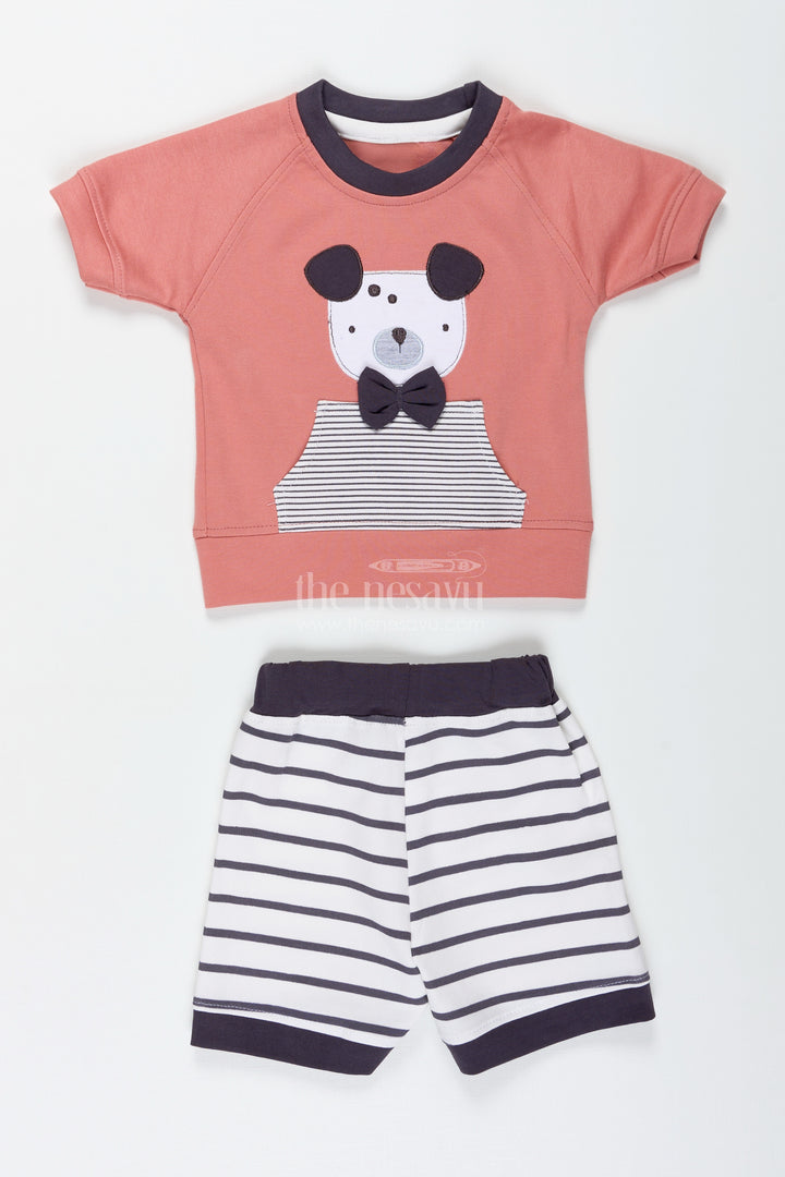 Teddy Bear Newborn Outfit for Boys in Soft Cotton with Printed Top and Striped Shorts Set