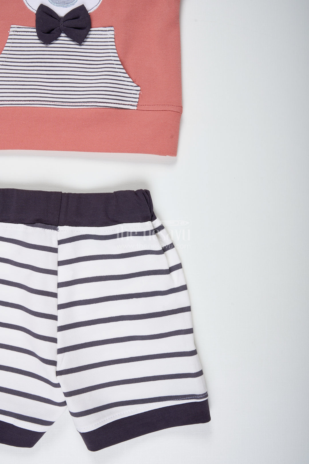 Teddy Bear Newborn Outfit for Boys in Soft Cotton with Printed Top and Striped Shorts Set