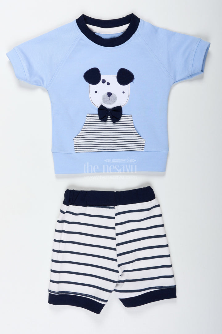 Newborn Teddy Bear Set for Boys in Cotton with Blue Printed Tee and Matching Striped Shorts
