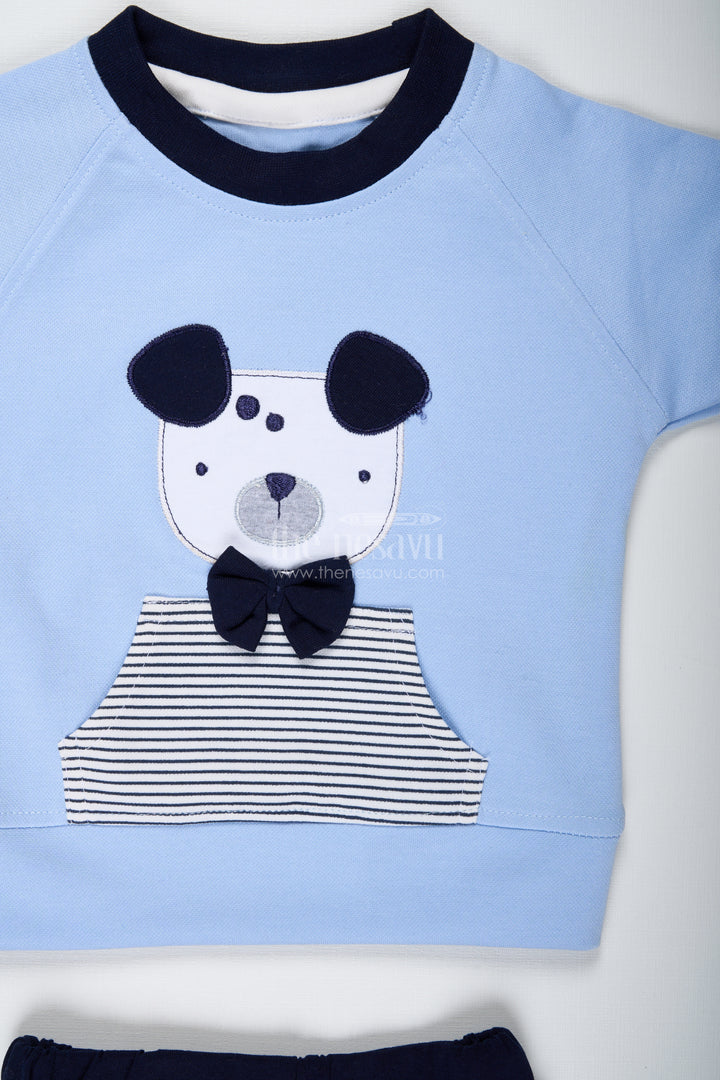 Newborn Teddy Bear Set for Boys in Cotton with Blue Printed Tee and Matching Striped Shorts