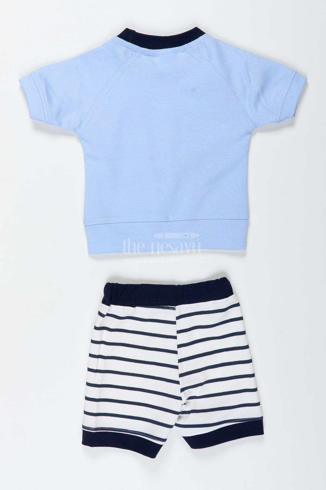 Newborn Teddy Bear Set for Boys in Cotton with Blue Printed Tee and Matching Striped Shorts