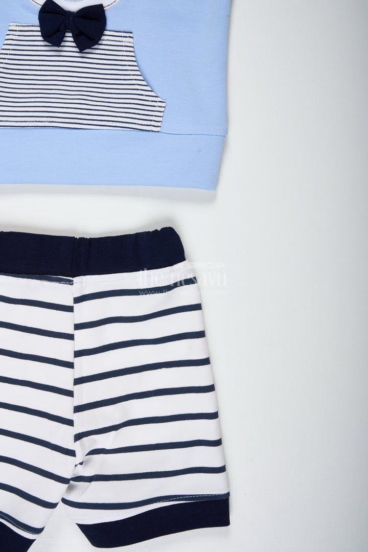 Newborn Teddy Bear Set for Boys in Cotton with Blue Printed Tee and Matching Striped Shorts