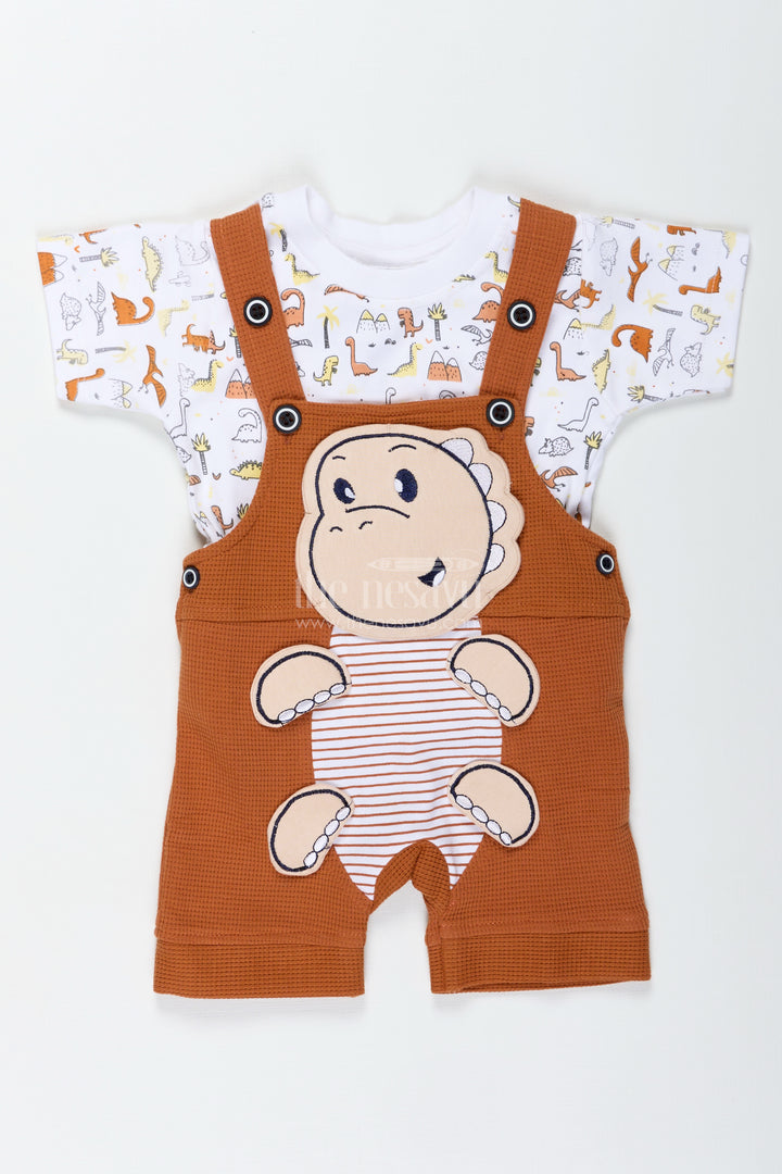 Newborn Dinosaur Outfit for Boys in Waffle Knit Cotton with Embellished Dino Patch and Printed Tee