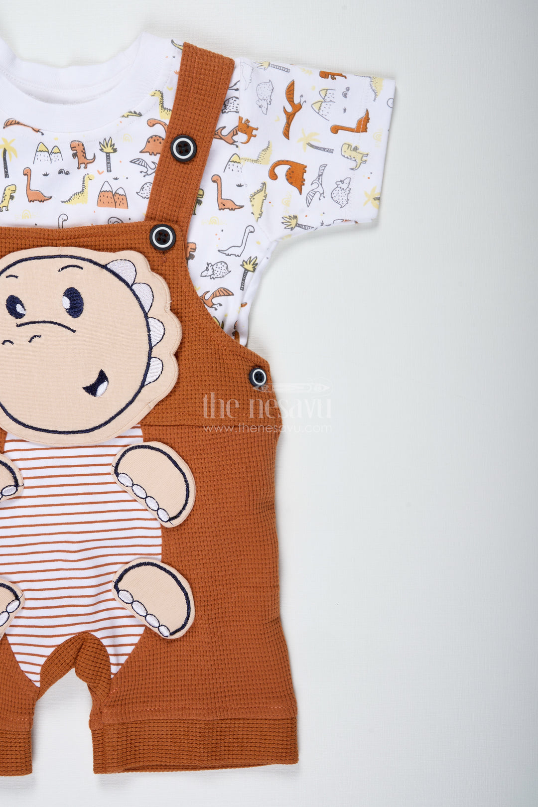 Newborn Dinosaur Outfit for Boys in Waffle Knit Cotton with Embellished Dino Patch and Printed Tee