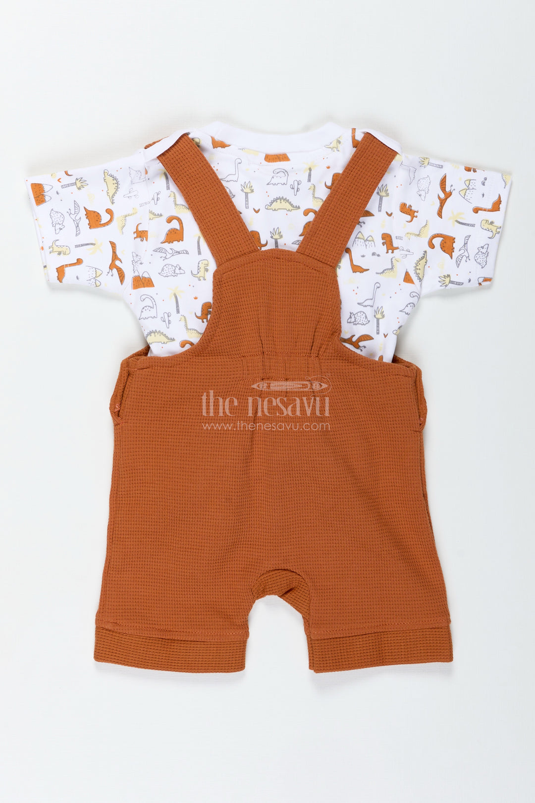 Newborn Dinosaur Outfit for Boys in Waffle Knit Cotton with Embellished Dino Patch and Printed Tee