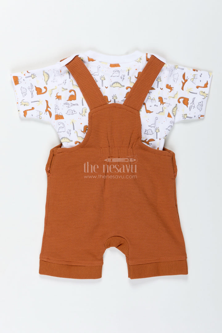 Newborn Dinosaur Outfit for Boys in Waffle Knit Cotton with Embellished Dino Patch and Printed Tee