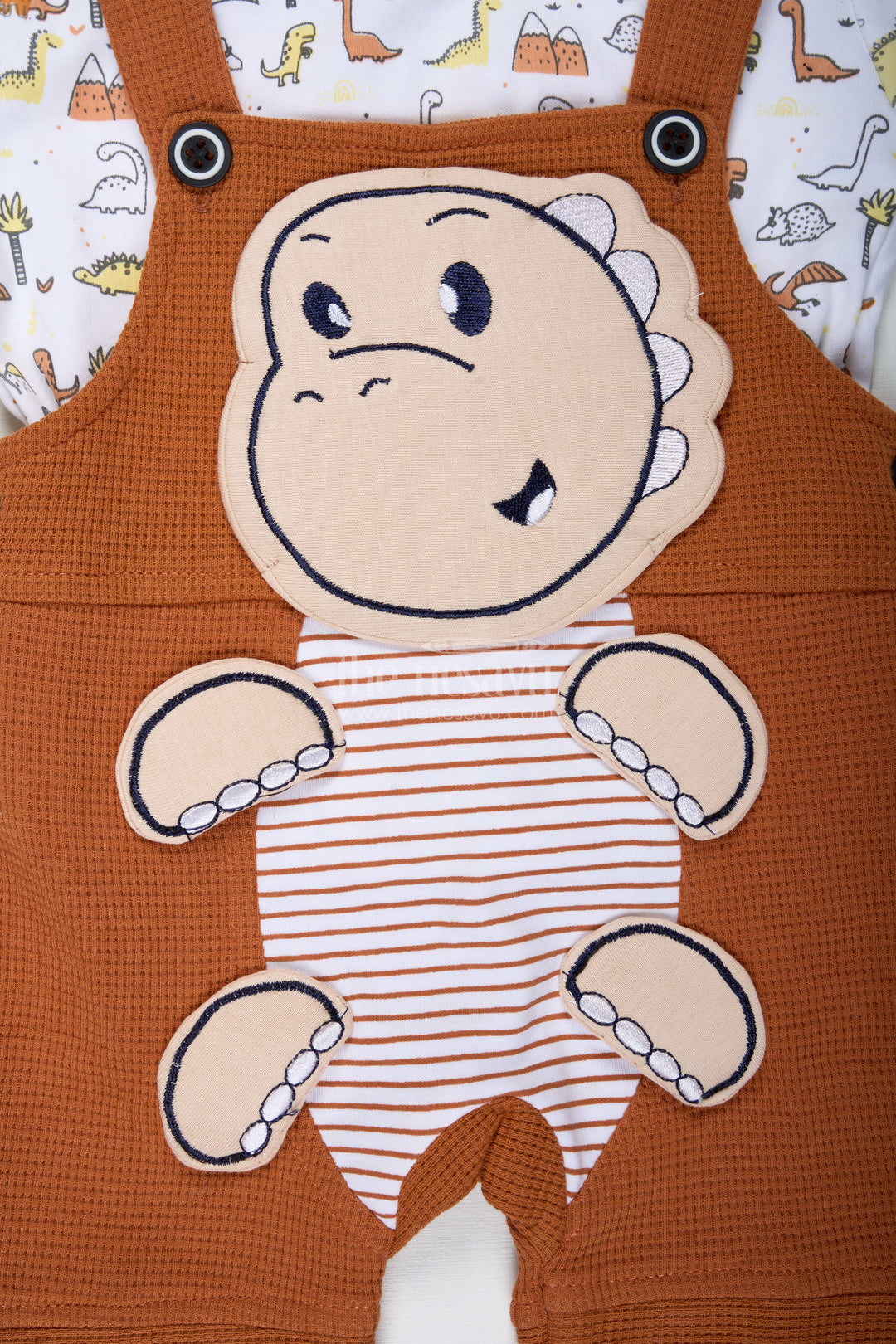 Newborn Dinosaur Outfit for Boys in Waffle Knit Cotton with Embellished Dino Patch and Printed Tee