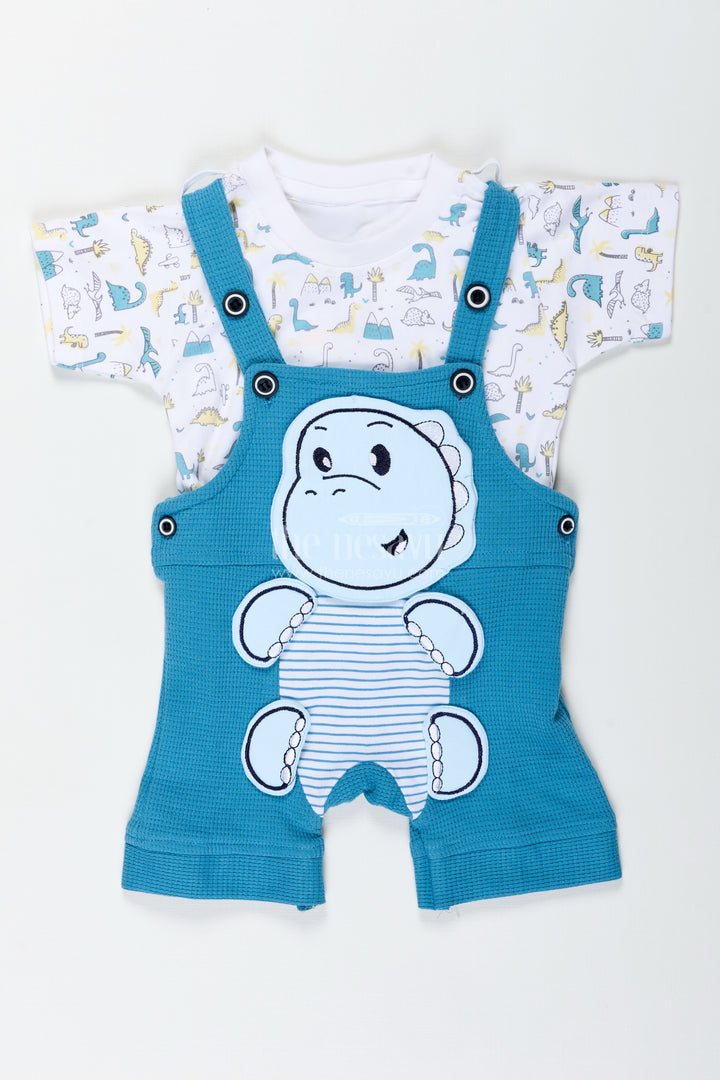 Dinosaur Print Set for Boys in Blue Cotton Waffle Knit with Embellished Patch and Printed Tee