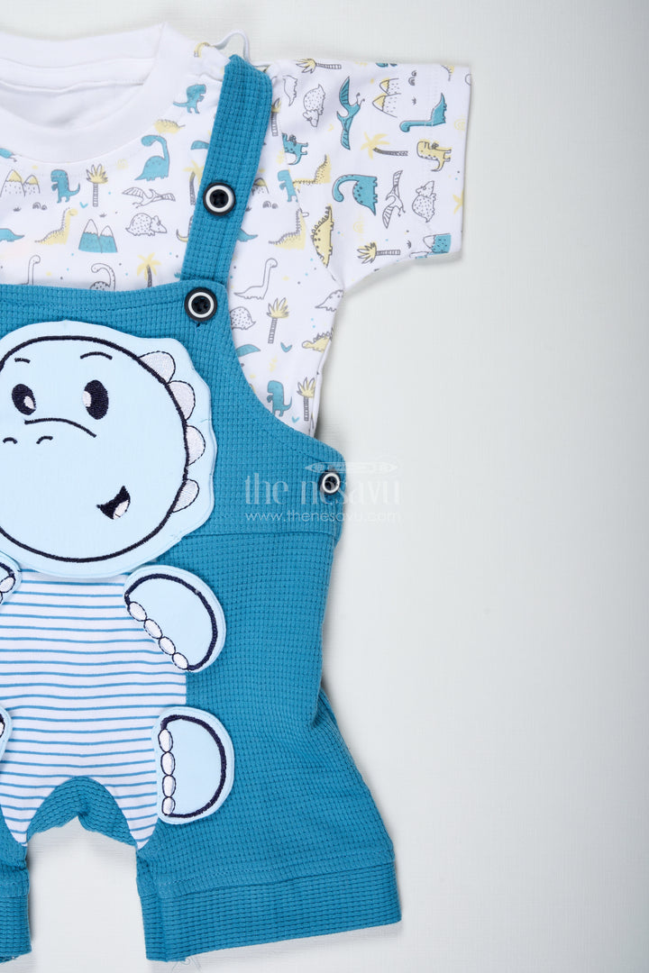 Dinosaur Print Set for Boys in Blue Cotton Waffle Knit with Embellished Patch and Printed Tee