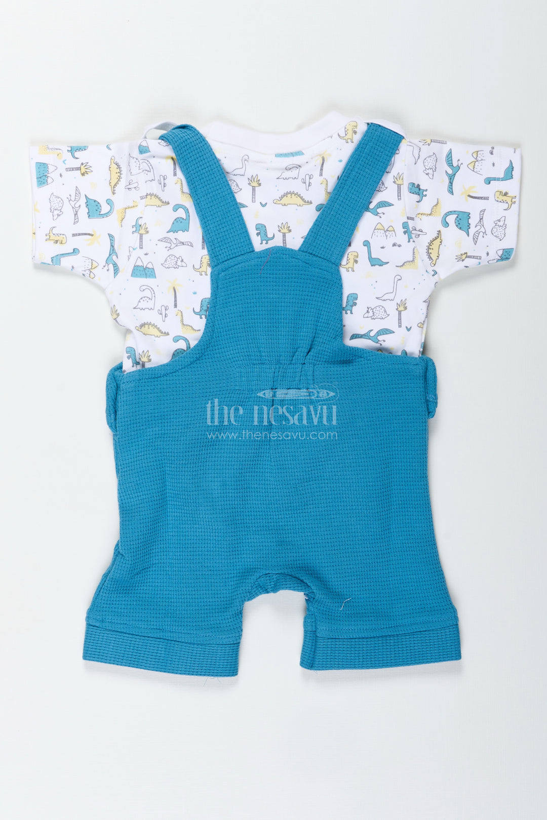 Dinosaur Print Set for Boys in Blue Cotton Waffle Knit with Embellished Patch and Printed Tee