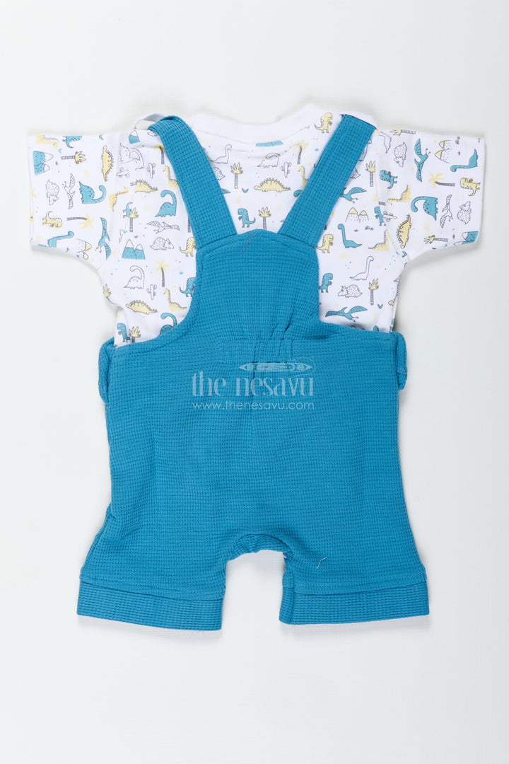 Dinosaur Print Set for Boys in Blue Cotton Waffle Knit with Embellished Patch and Printed Tee